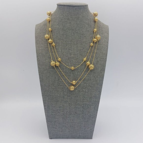 Avon NR Womens Gold Toned Necklace Filigree Gold Bead Satellite Triple Strand - Picture 1 of 5